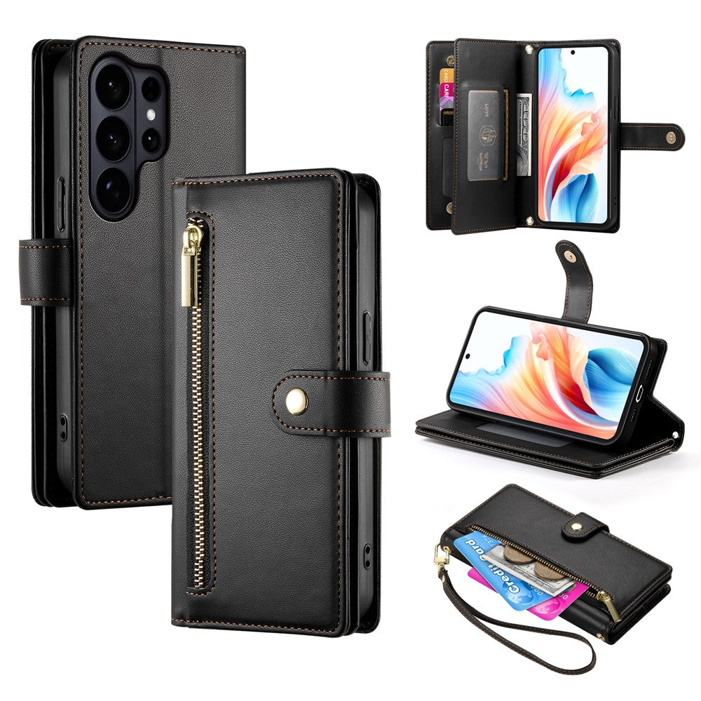 For Samsung Galaxy S26 Ultra Case Zipper Pocket Wallet Leather Phone Cover with Straps