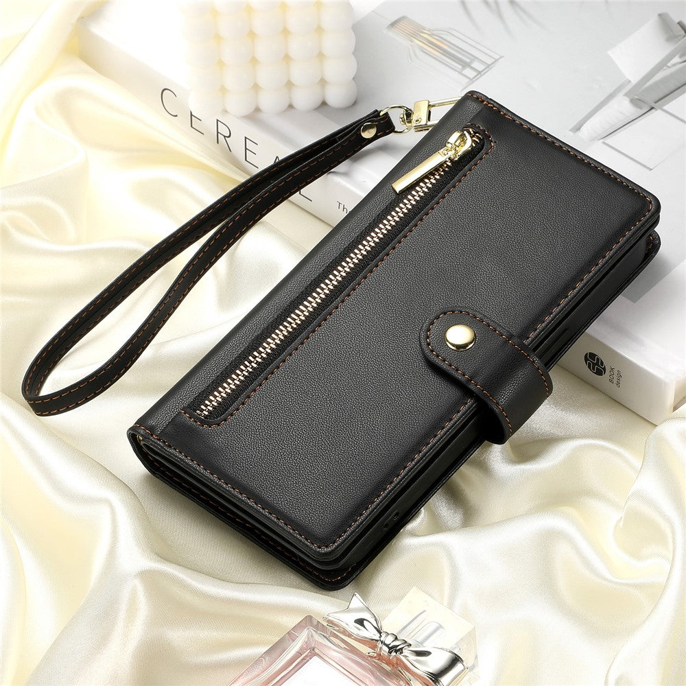 For Samsung Galaxy S26 Ultra Case Zipper Pocket Wallet Leather Phone Cover with Straps