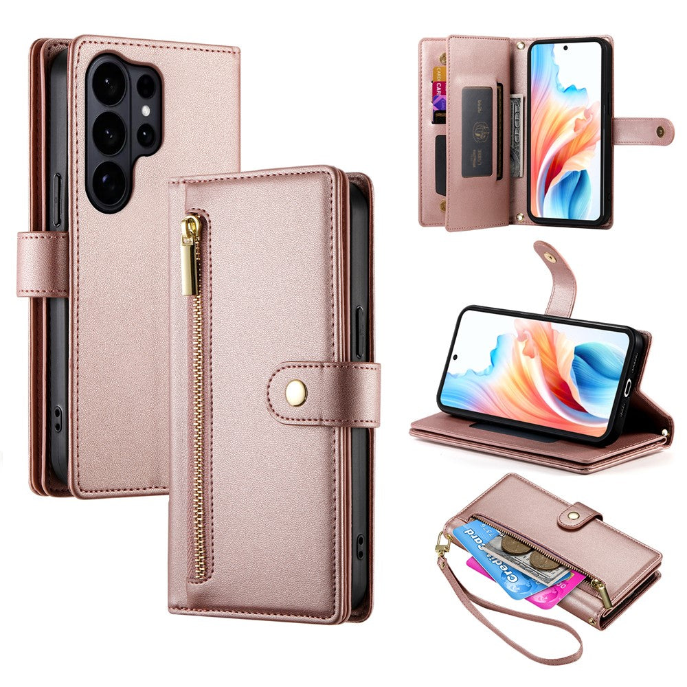 For Samsung Galaxy S26 Ultra Case Zipper Pocket Wallet Leather Phone Cover with Straps