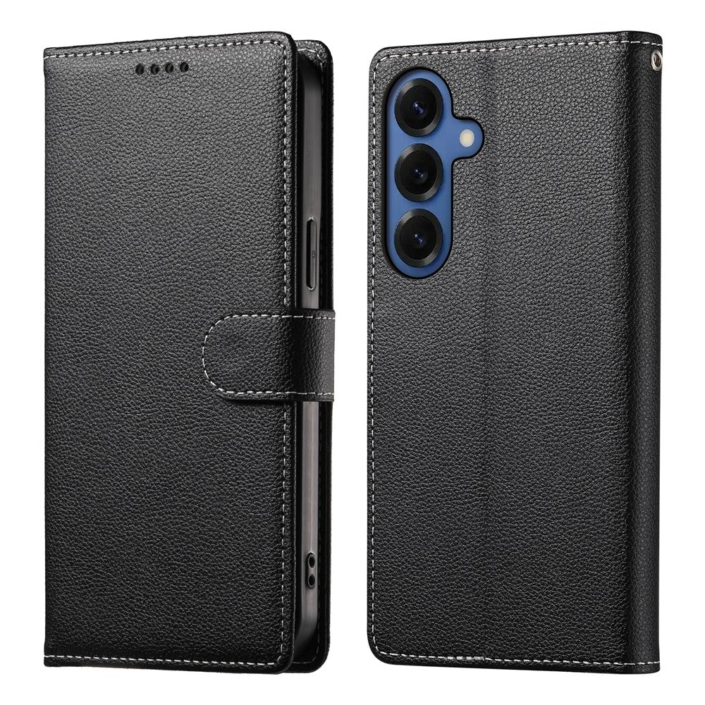 For Samsung Galaxy S26 Case Magnetic Snap Litchi Texture Leather Wallet Phone Cover with Wrist Strap