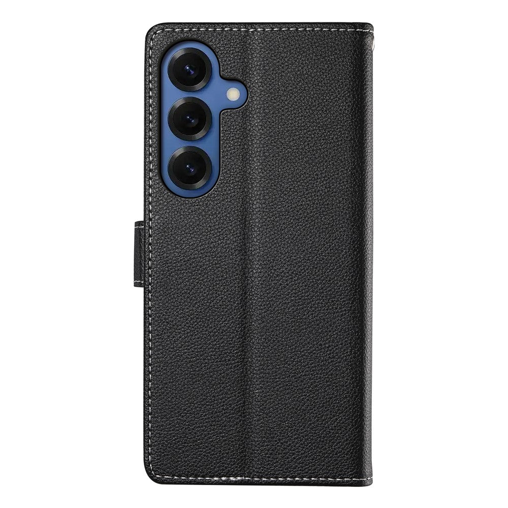 Samsung Galaxy S26-skal med magnetisk snäpp, litchitexturerat läderplånboksfodral med handledsrem