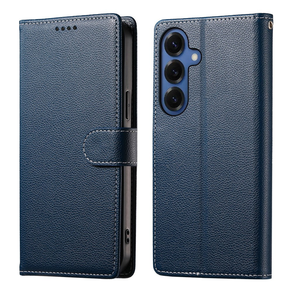 Samsung Galaxy S26-skal med magnetisk snäpp, litchitexturerat läderplånboksfodral med handledsrem