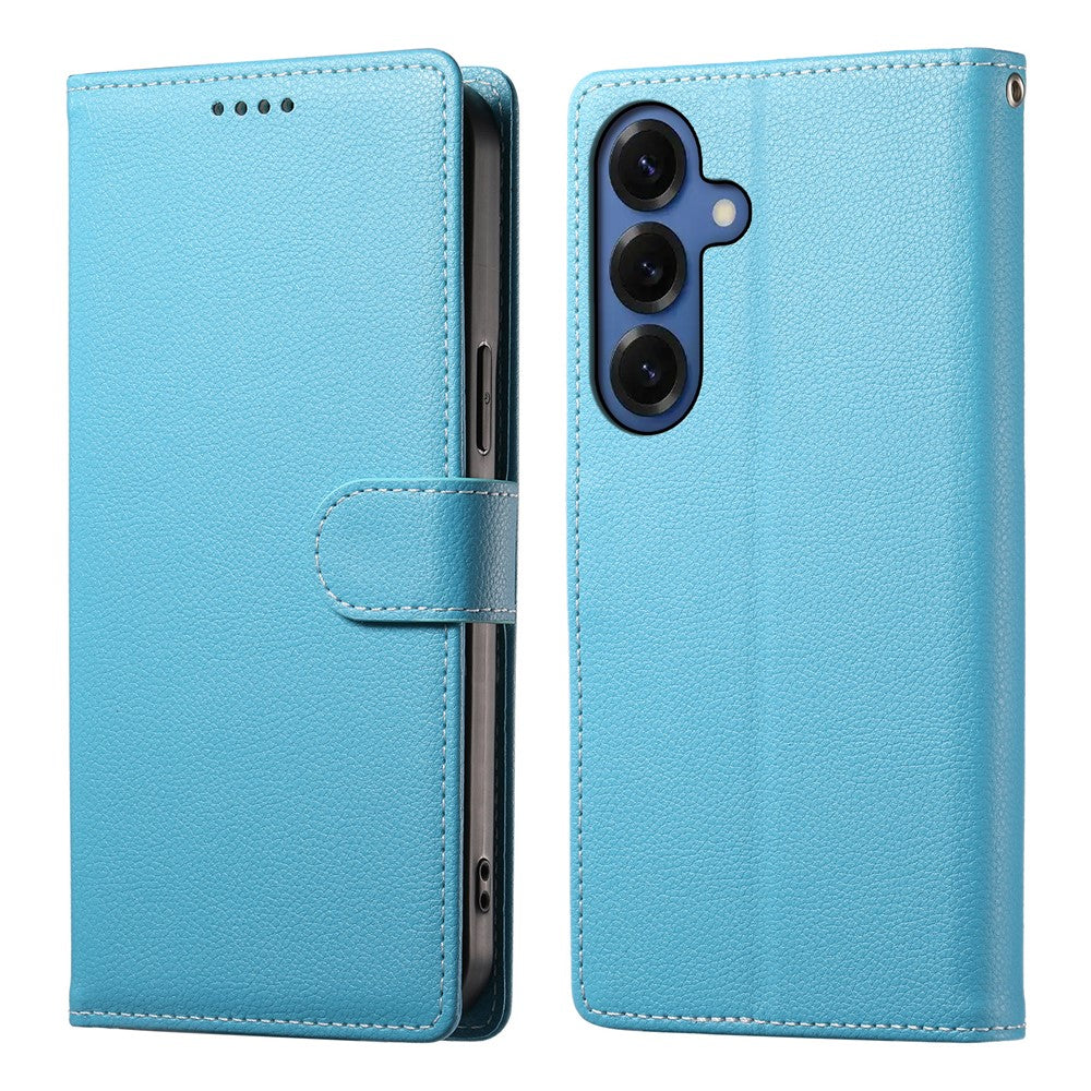 Samsung Galaxy S26-skal med magnetisk snäpp, litchitexturerat läderplånboksfodral med handledsrem