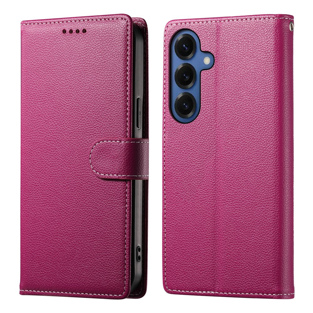 Samsung Galaxy S26-skal med magnetisk snäpp, litchitexturerat läderplånboksfodral med handledsrem