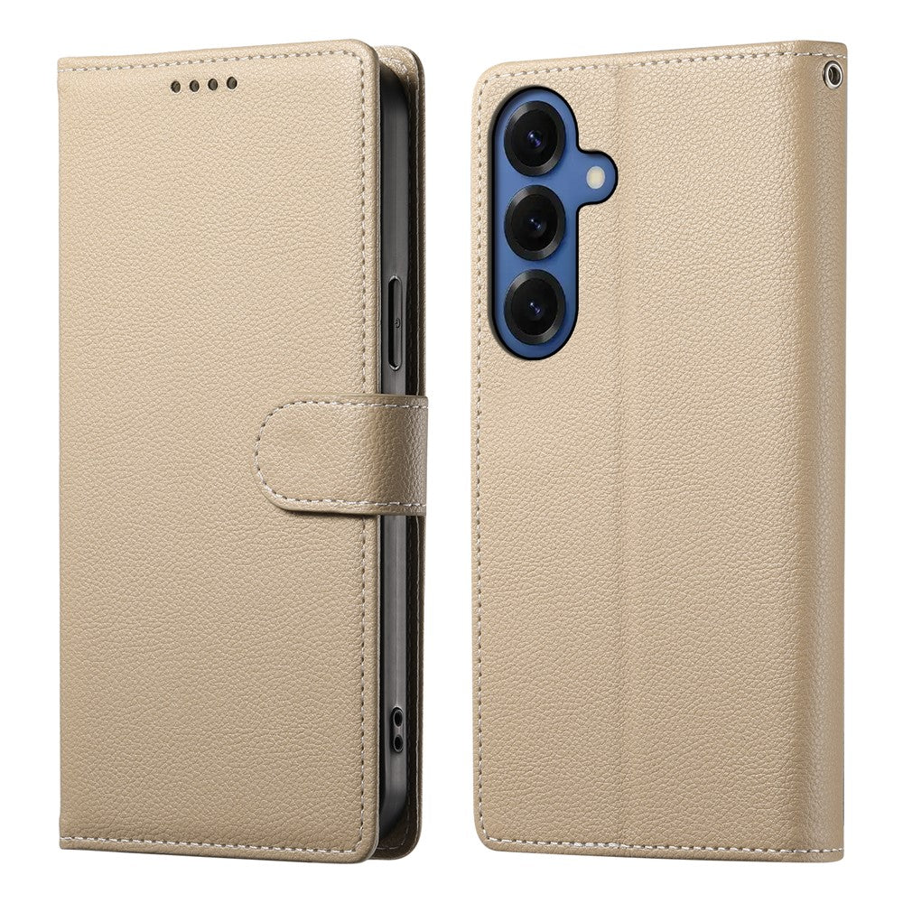 Samsung Galaxy S26-skal med magnetisk snäpp, litchitexturerat läderplånboksfodral med handledsrem