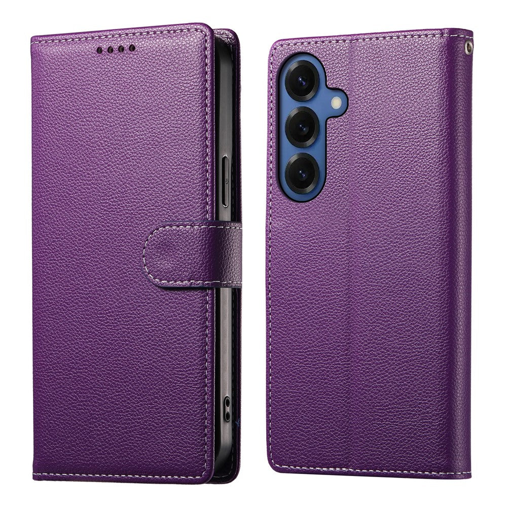 Samsung Galaxy S26-skal med magnetisk snäpp, litchitexturerat läderplånboksfodral med handledsrem