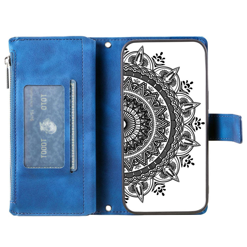 Zipper Pocket Wallet Case for Samsung Galaxy S21+ 5G, Mandala Flower Imprinted PU Leather Stand Cover with Multiple Card Slots