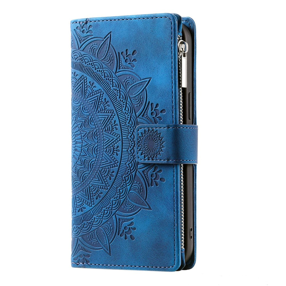 Zipper Pocket Wallet Case for Samsung Galaxy S21+ 5G, Mandala Flower Imprinted PU Leather Stand Cover with Multiple Card Slots
