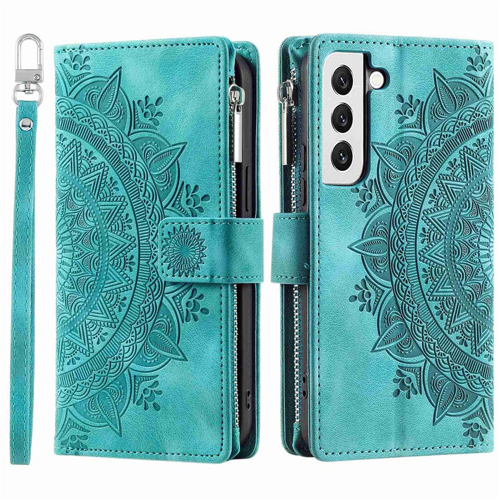 Zipper Pocket Wallet Case for Samsung Galaxy S21+ 5G, Mandala Flower Imprinted PU Leather Stand Cover with Multiple Card Slots