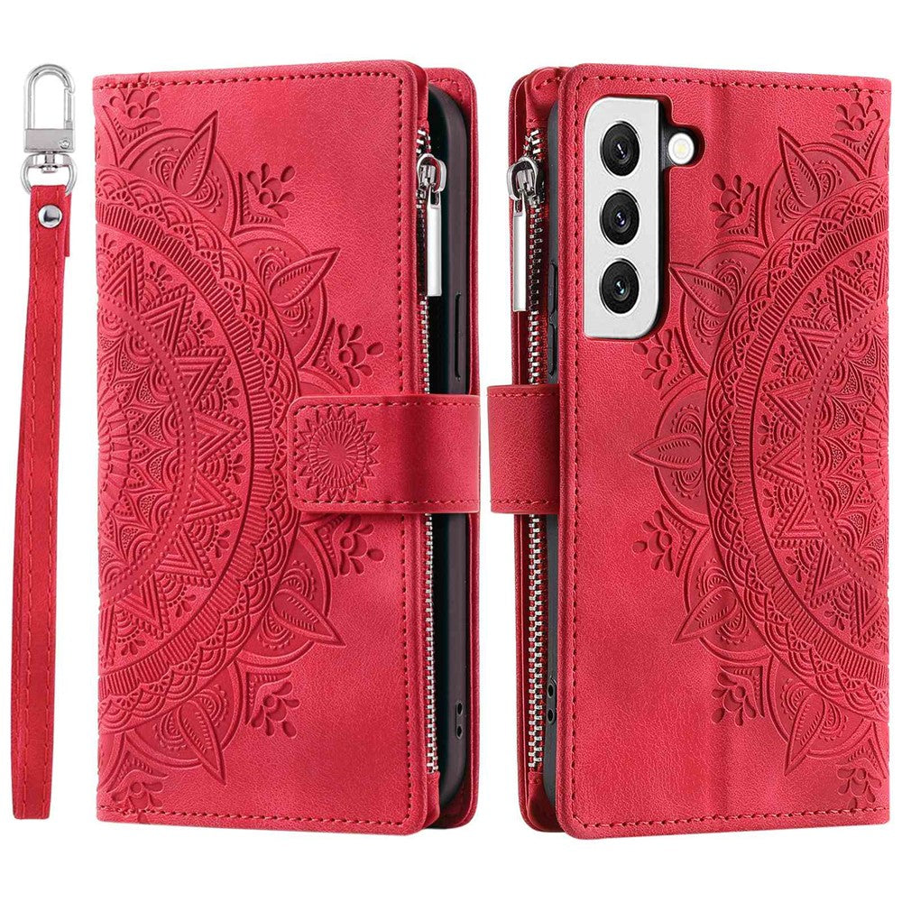 Zipper Pocket Wallet Case for Samsung Galaxy S21+ 5G, Mandala Flower Imprinted PU Leather Stand Cover with Multiple Card Slots