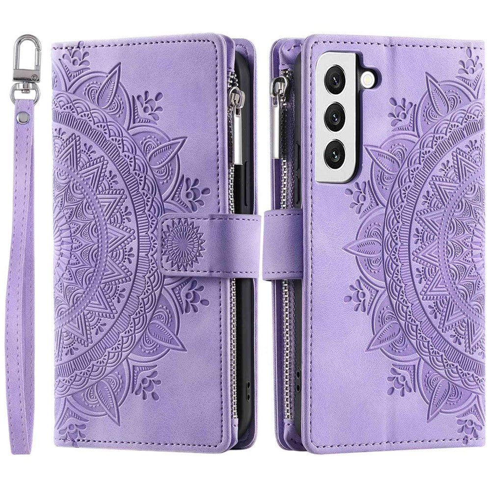 Zipper Pocket Wallet Case for Samsung Galaxy S21+ 5G, Mandala Flower Imprinted PU Leather Stand Cover with Multiple Card Slots