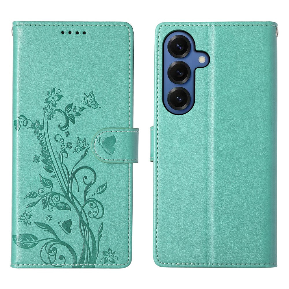 Samsung Galaxy S26 Plånboksfodral Fjärilsblommigt Mönster PU-läder Mobilskal med Handledsrem