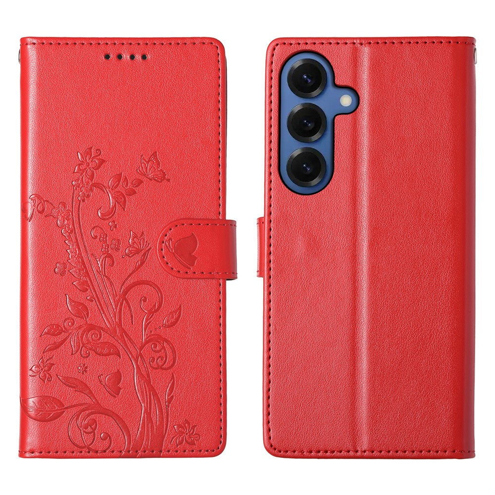 Samsung Galaxy S26 Plånboksfodral Fjärilsblommigt Mönster PU-läder Mobilskal med Handledsrem