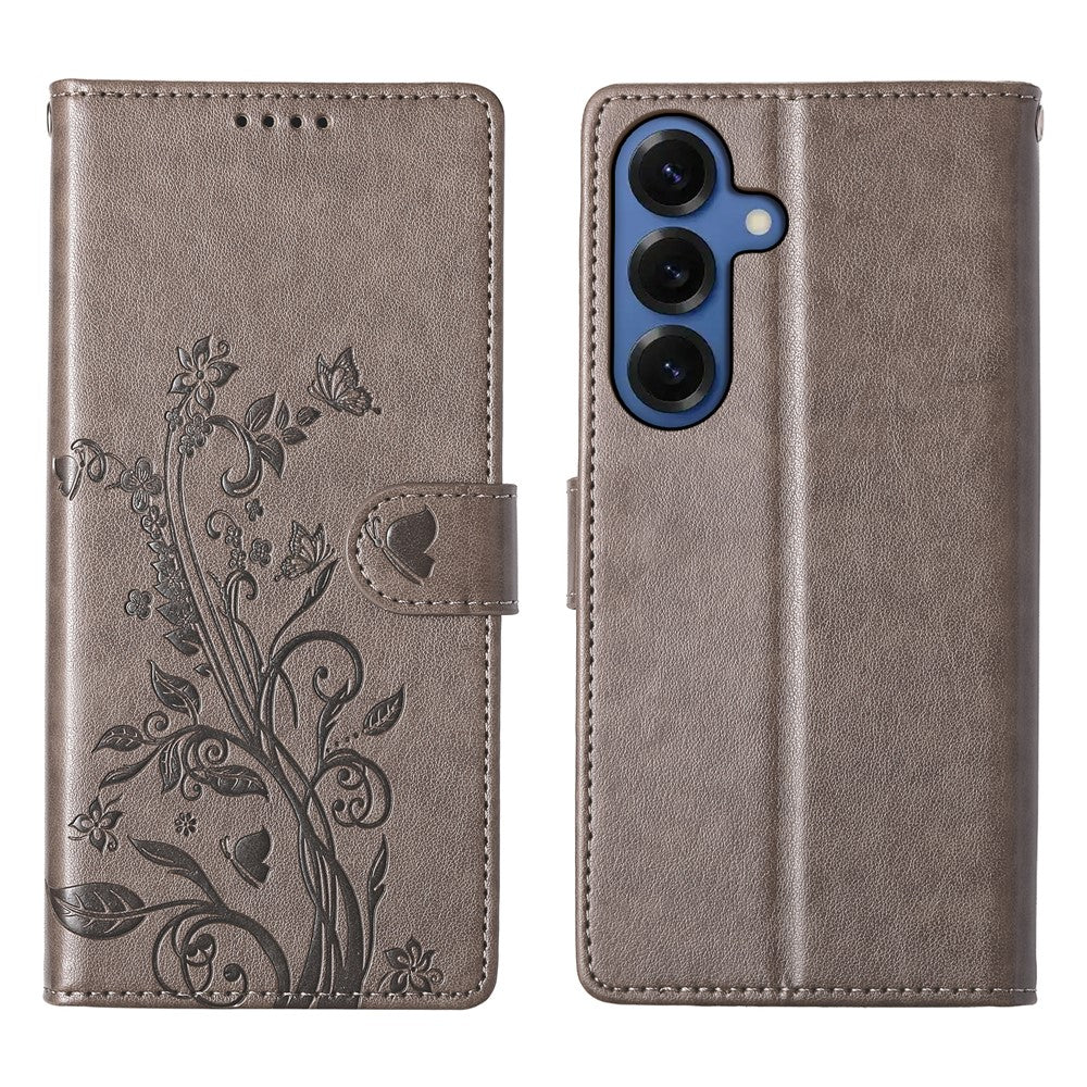 Samsung Galaxy S26 Plånboksfodral Fjärilsblommigt Mönster PU-läder Mobilskal med Handledsrem