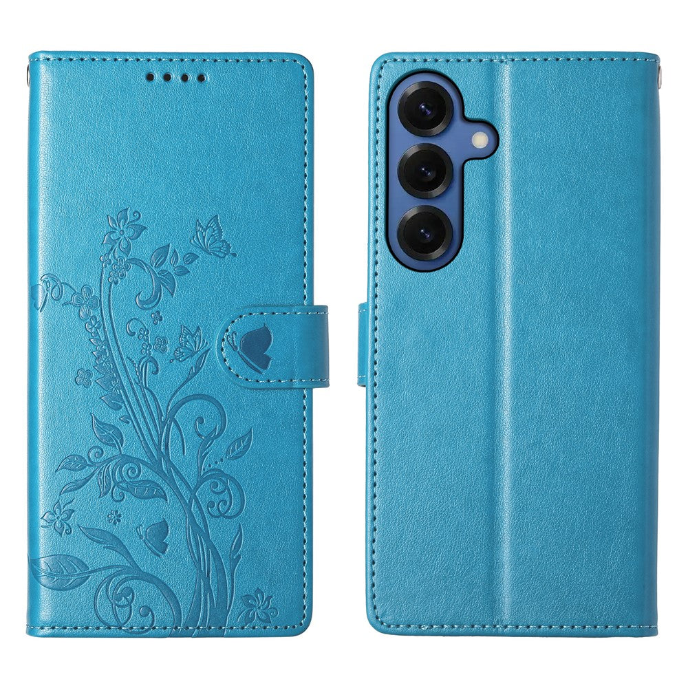 Samsung Galaxy S26 Plånboksfodral Fjärilsblommigt Mönster PU-läder Mobilskal med Handledsrem