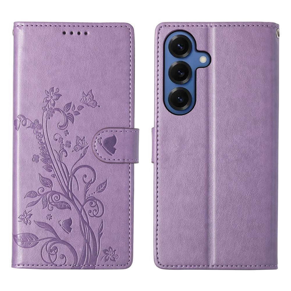 Samsung Galaxy S26 Plånboksfodral Fjärilsblommigt Mönster PU-läder Mobilskal med Handledsrem