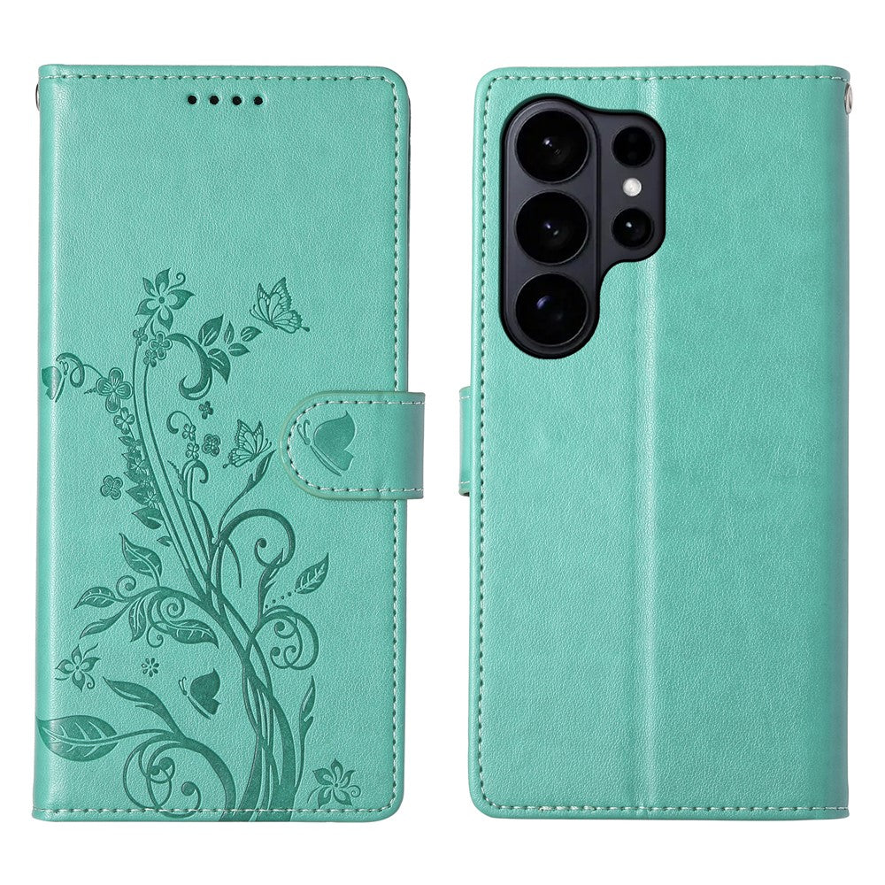 Samsung Galaxy S26 Ultra Plånboksfodral Fjärilsblommigt Mönster PU-läder Mobilskal med Handledsrem