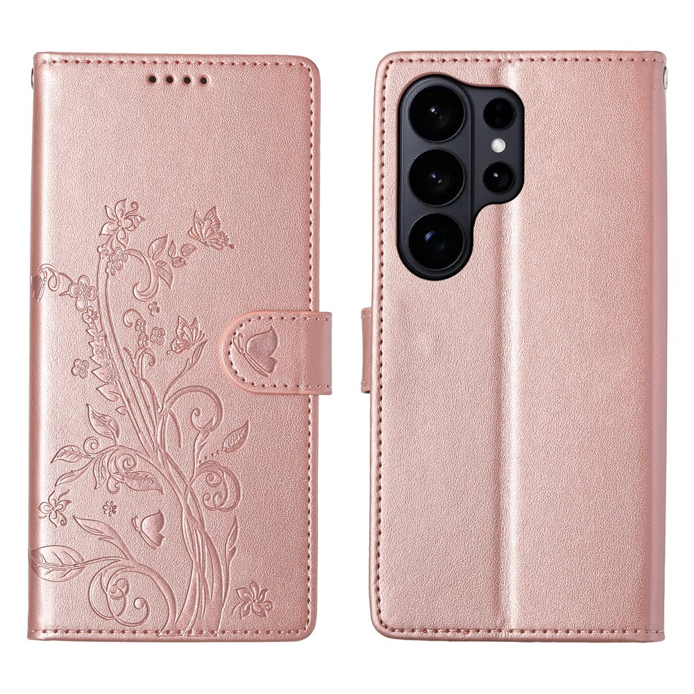 Samsung Galaxy S26 Ultra Plånboksfodral Fjärilsblommigt Mönster PU-läder Mobilskal med Handledsrem