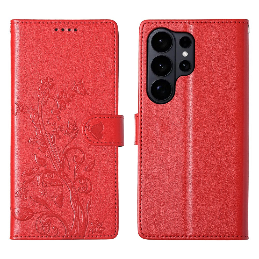 Samsung Galaxy S26 Ultra Plånboksfodral Fjärilsblommigt Mönster PU-läder Mobilskal med Handledsrem