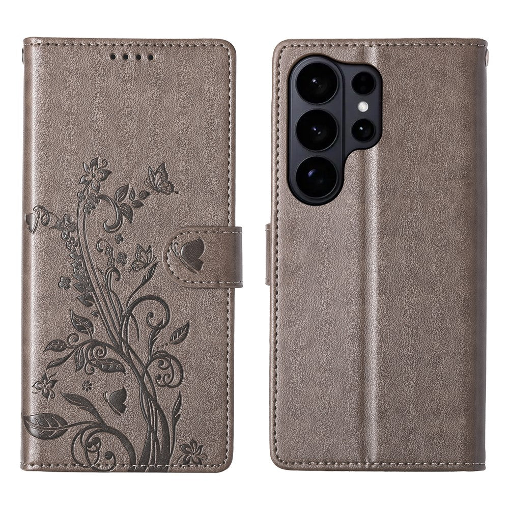Samsung Galaxy S26 Ultra Plånboksfodral Fjärilsblommigt Mönster PU-läder Mobilskal med Handledsrem