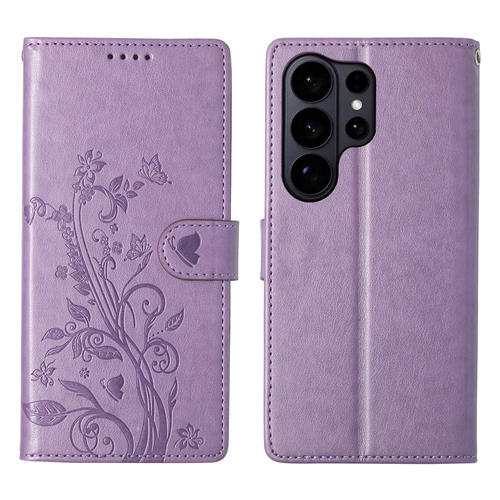 Samsung Galaxy S26 Ultra Plånboksfodral Fjärilsblommigt Mönster PU-läder Mobilskal med Handledsrem