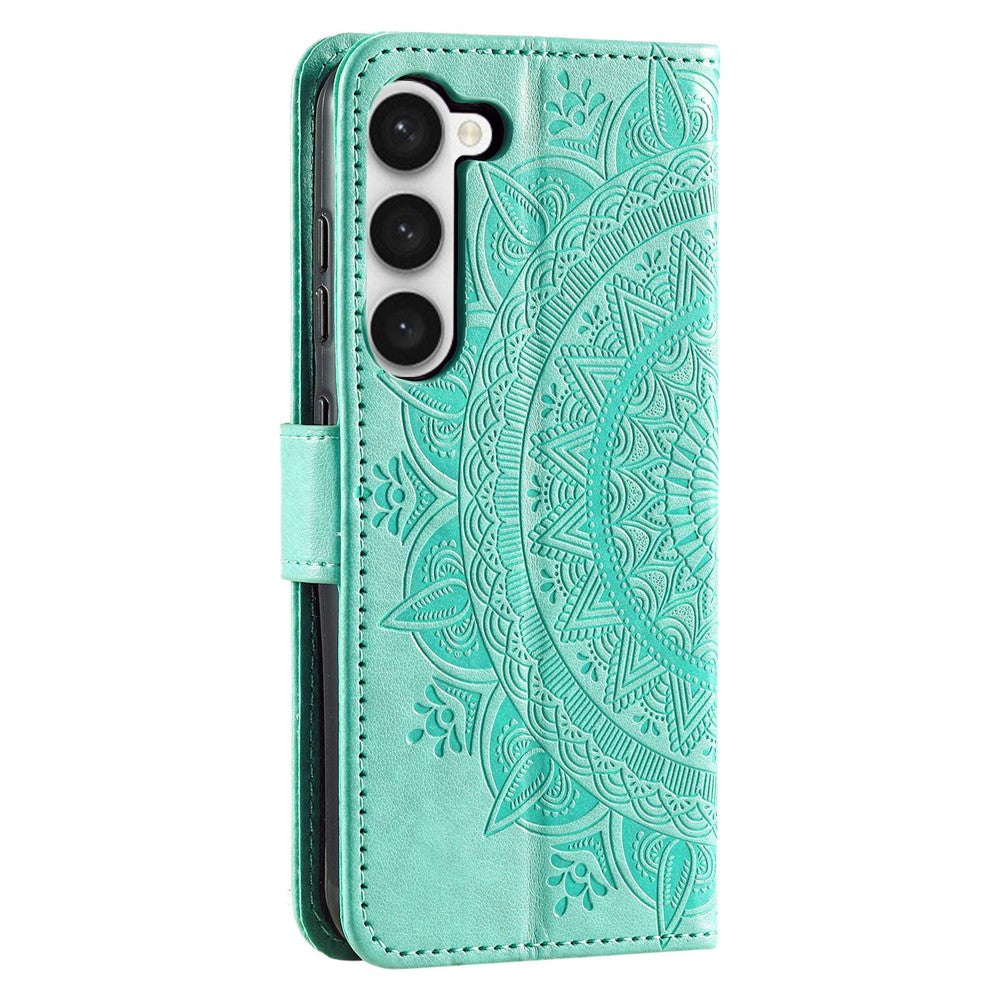 Samsung Galaxy S23+ PU-læderetui med mandala-blomstermotiv, præget overflade, flipdesign, stander, pung, magnetisk spænde og fuld beskyttelse