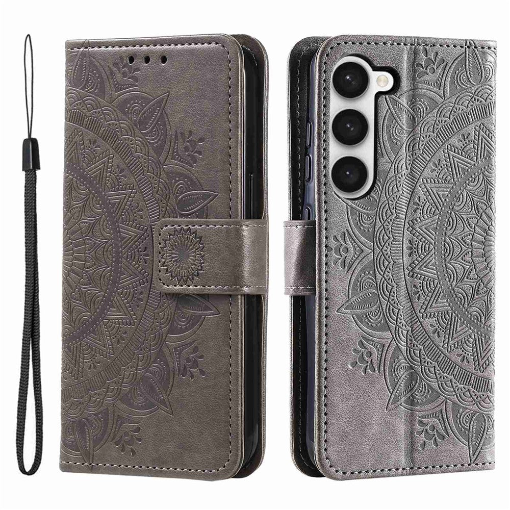 Samsung Galaxy S23+ PU-læderetui med mandala-blomstermotiv, præget overflade, flipdesign, stander, pung, magnetisk spænde og fuld beskyttelse