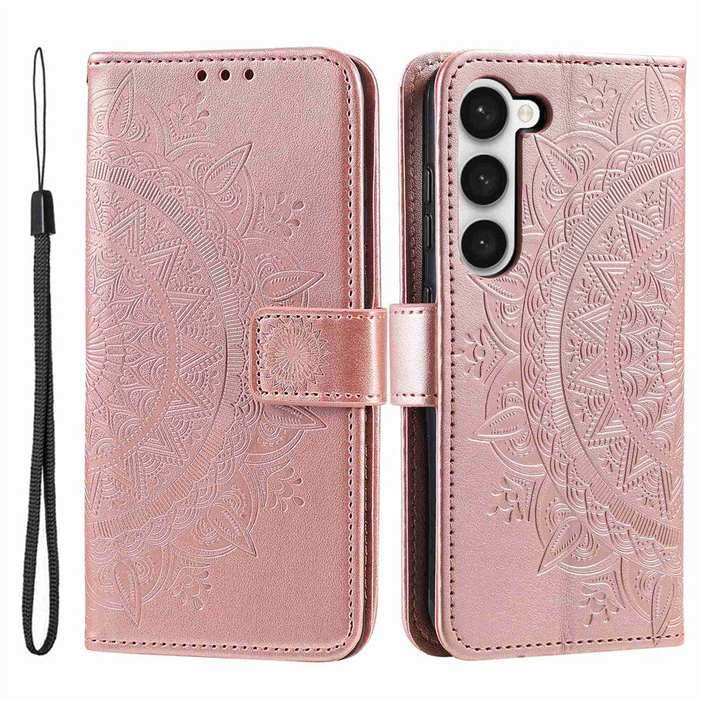 Samsung Galaxy S23+ PU-læderetui med mandala-blomstermotiv, præget overflade, flipdesign, stander, pung, magnetisk spænde og fuld beskyttelse