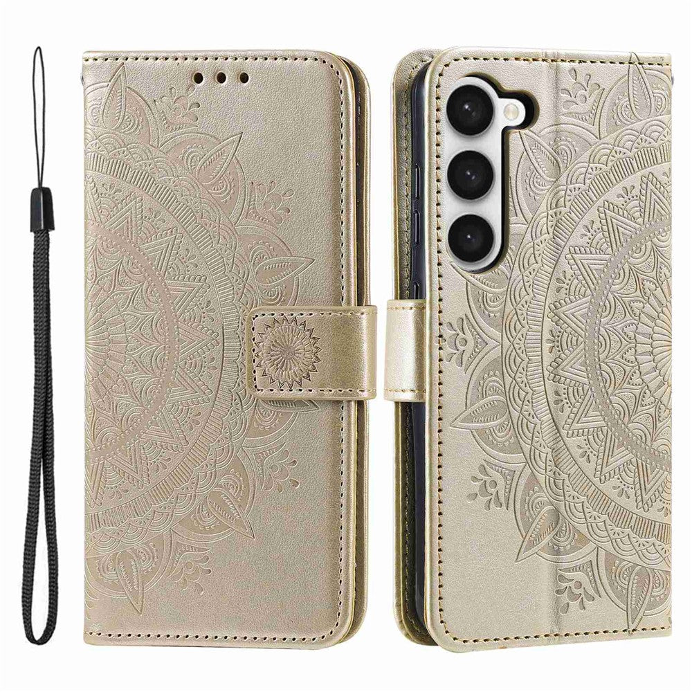 Samsung Galaxy S23+ PU-læderetui med mandala-blomstermotiv, præget overflade, flipdesign, stander, pung, magnetisk spænde og fuld beskyttelse