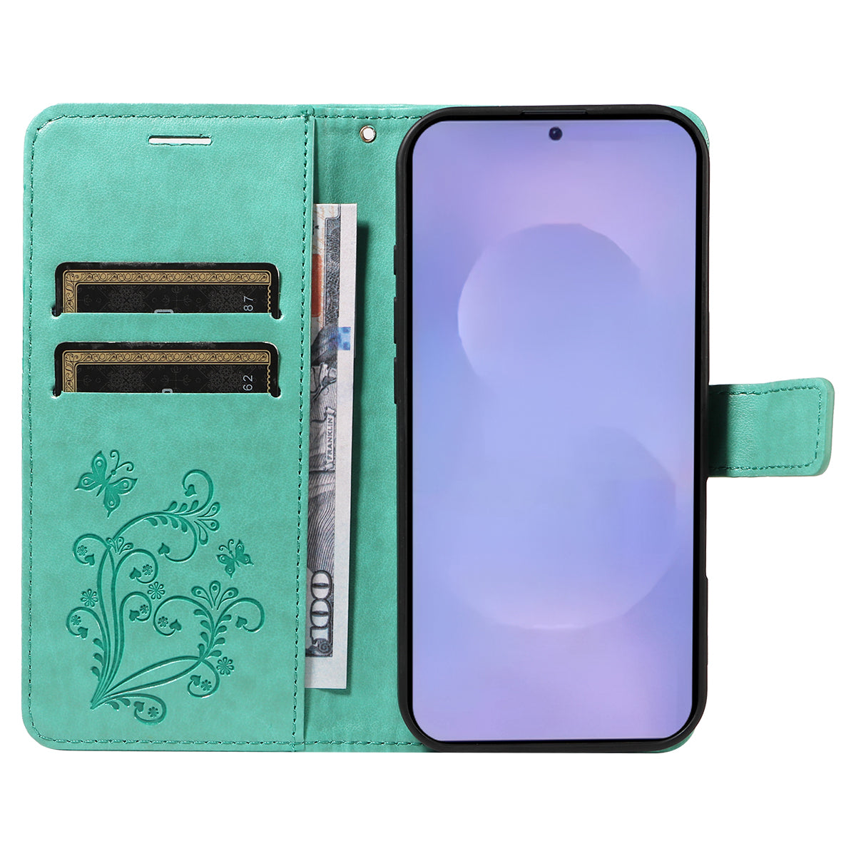 Samsung Galaxy S26+ Plånboksfodral Läderfodral med Blommig Fjäril och Stativ