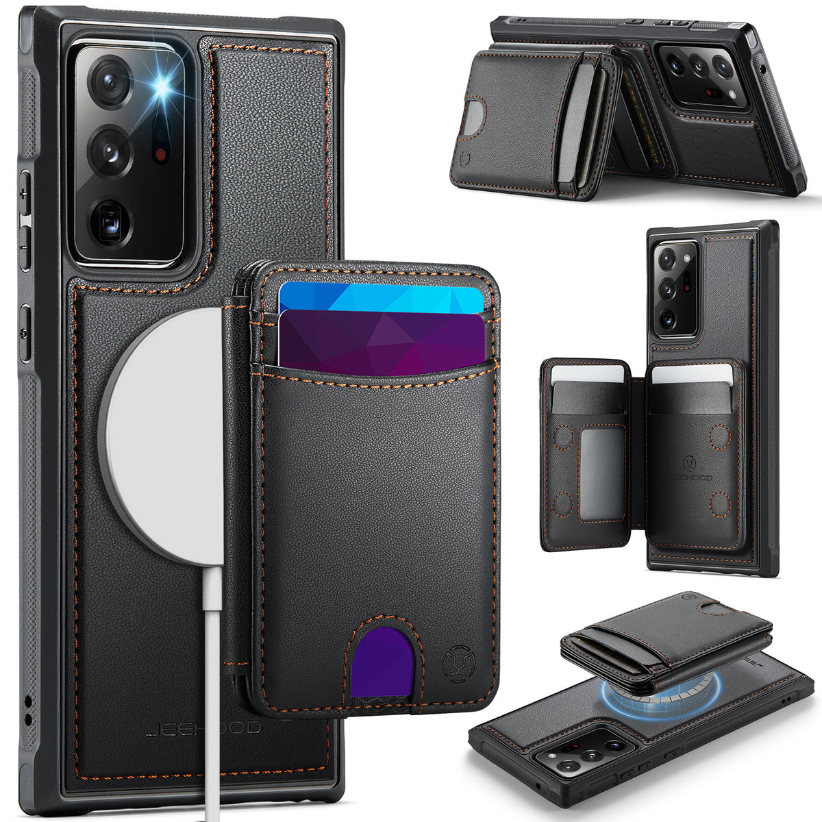 JEEHOOD For Samsung Galaxy Note20 Ultra Magnetic Case  J10 Leather Back Phone Cover with Detachable Card Holder Kickstand