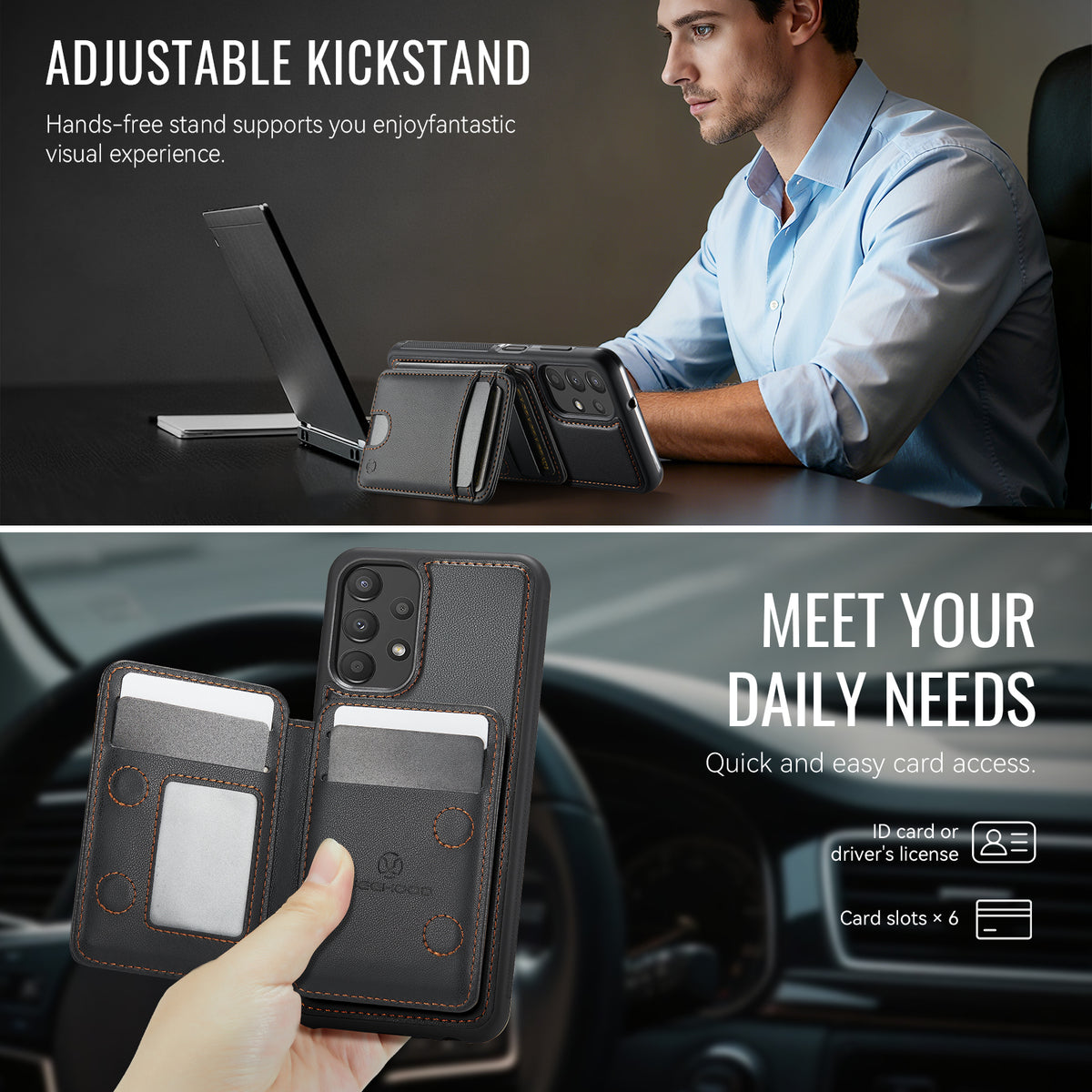 JEEHOOD Magnetiskt skal för Samsung Galaxy A13 4G / Galaxy A13 5G, J10, läderbaksida med avtagbar korthållare, stativ