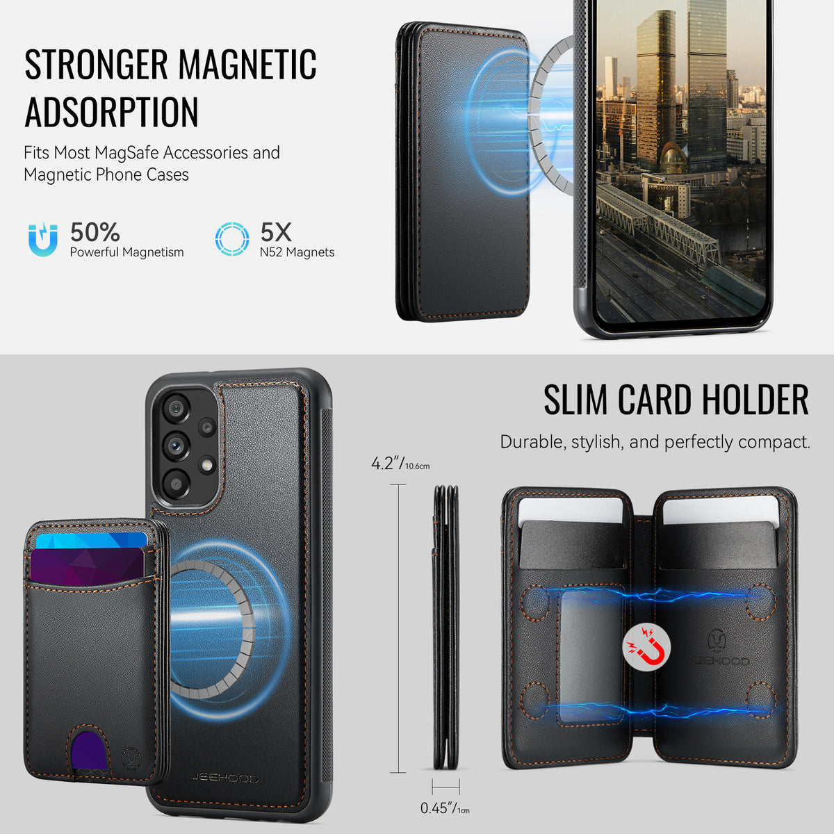 JEEHOOD Magnetiskt skal för Samsung Galaxy A13 4G / Galaxy A13 5G, J10, läderbaksida med avtagbar korthållare, stativ