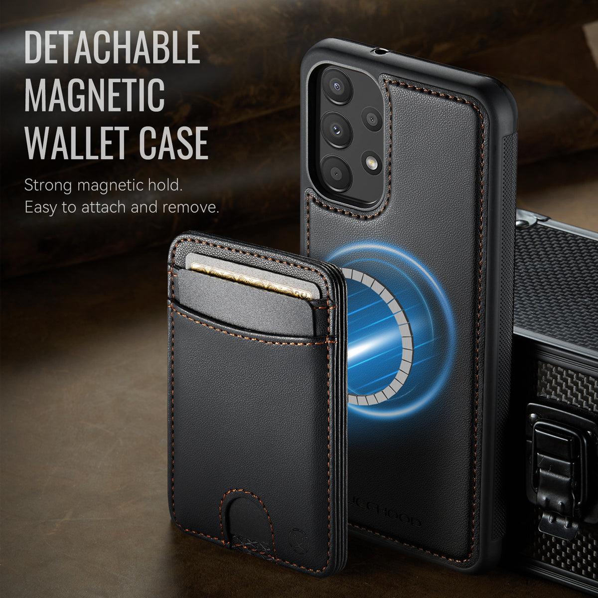 JEEHOOD Magnetiskt skal för Samsung Galaxy A13 4G / Galaxy A13 5G, J10, läderbaksida med avtagbar korthållare, stativ