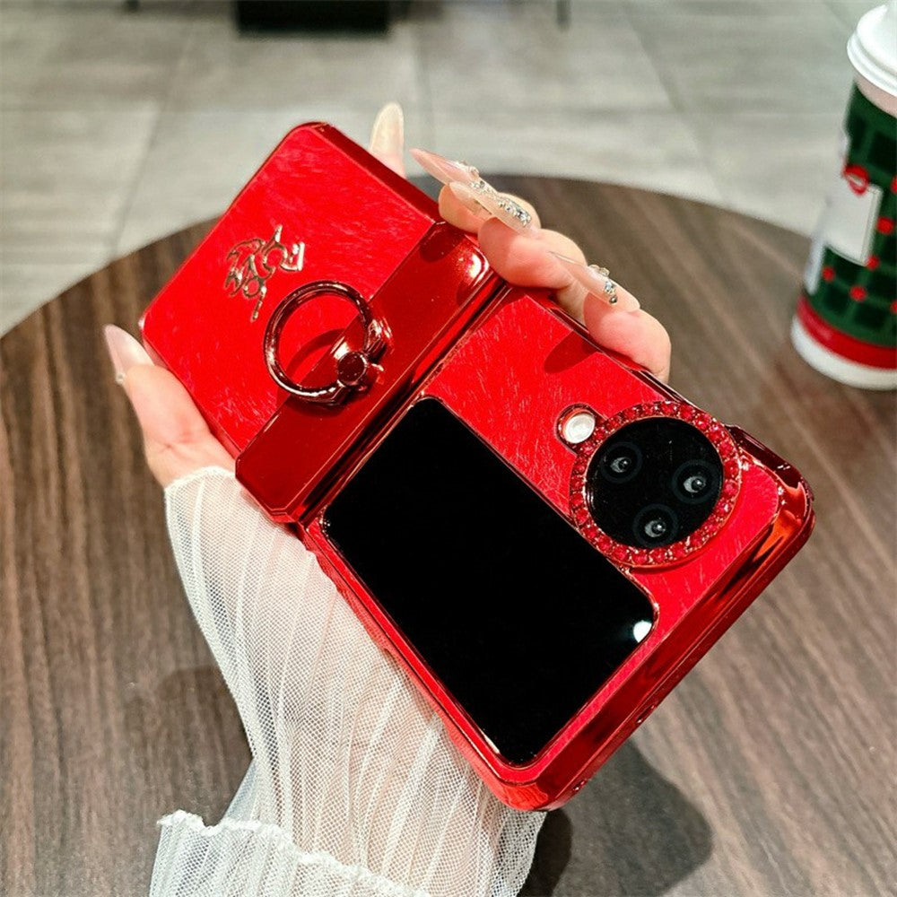 Oppo Find N3 Flip 5G-skal med nyårshästmönster i PC-format, ringhållare och härdat glas på baksidan