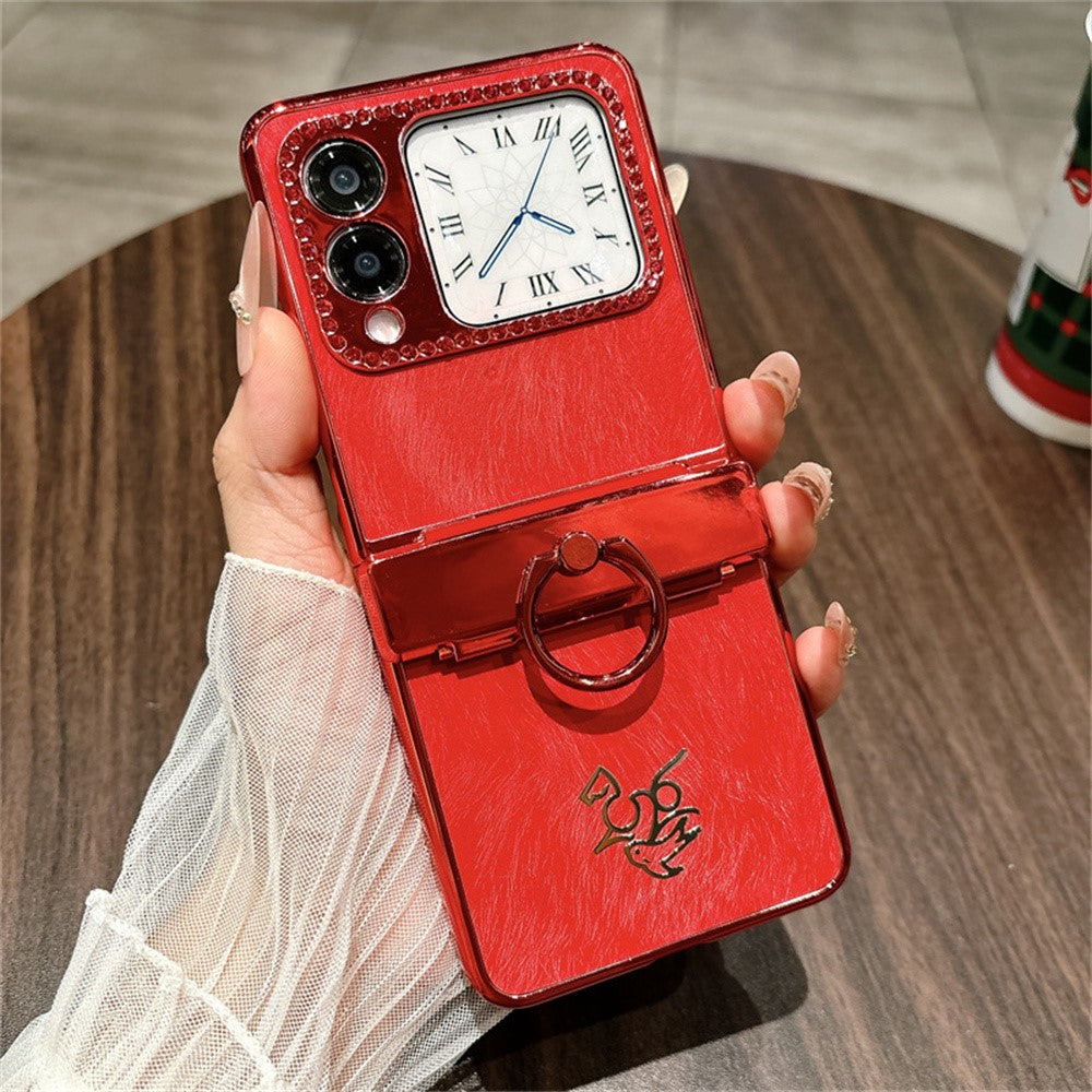 Huawei Nova Flip 5G-skal med nyårshästmönster i PC-format, ringhållare och härdat glas på baksidan