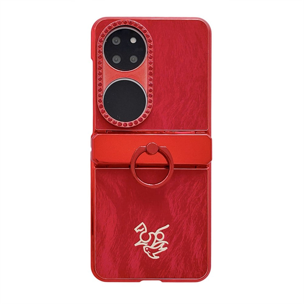Huawei P50 Pocket Case Nyårshästmönster PC mobilskal med Ringhållare och Härdat Glas Bakskärmsfilm