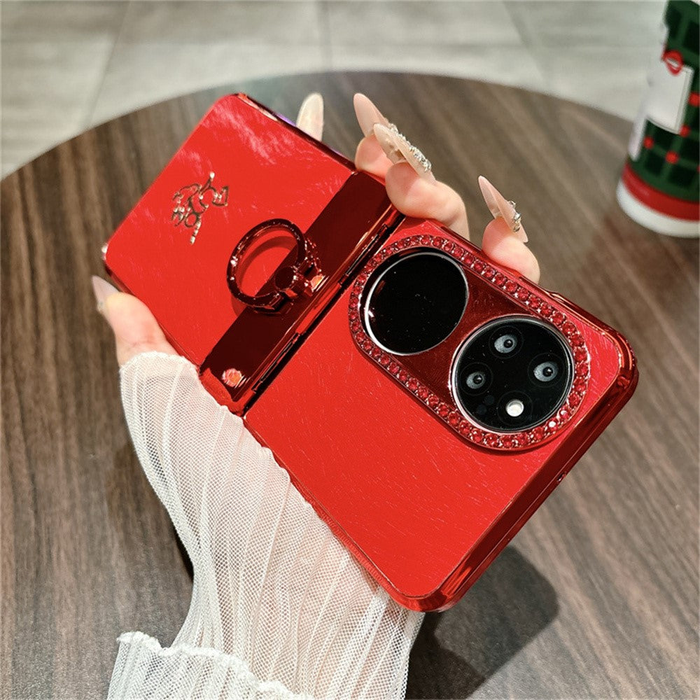 Huawei P50 Pocket Case Nyårshästmönster PC mobilskal med Ringhållare och Härdat Glas Bakskärmsfilm