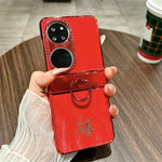 Huawei P50 Pocket Case Nyårshästmönster PC mobilskal med Ringhållare och Härdat Glas Bakskärmsfilm