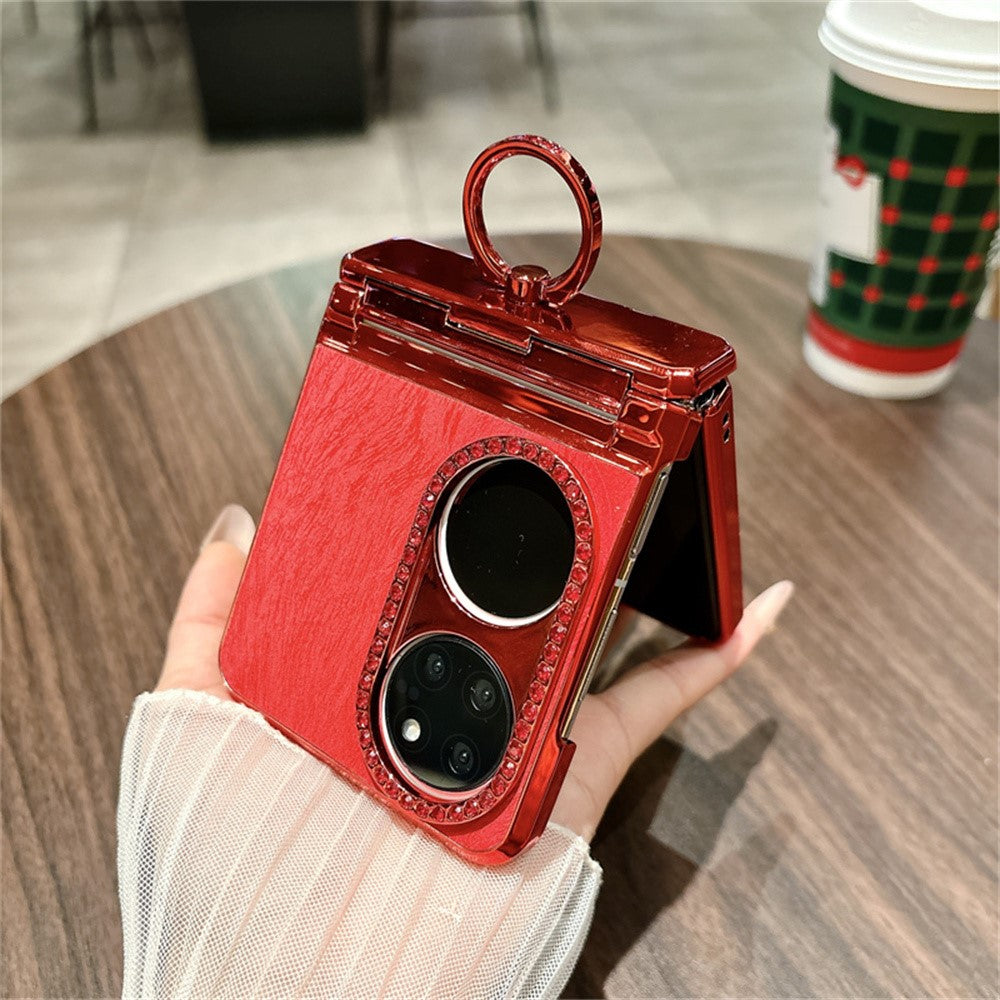 Huawei P50 Pocket Case Nyårshästmönster PC mobilskal med Ringhållare och Härdat Glas Bakskärmsfilm