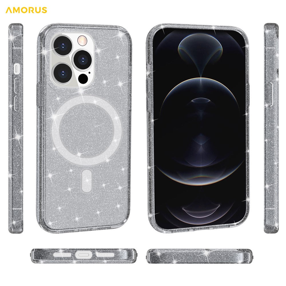 AMORUS For iPhone 12 Pro Max Magnetic Case Compatible with MagSafe Glitter Powder PC + TPU Phone Cover