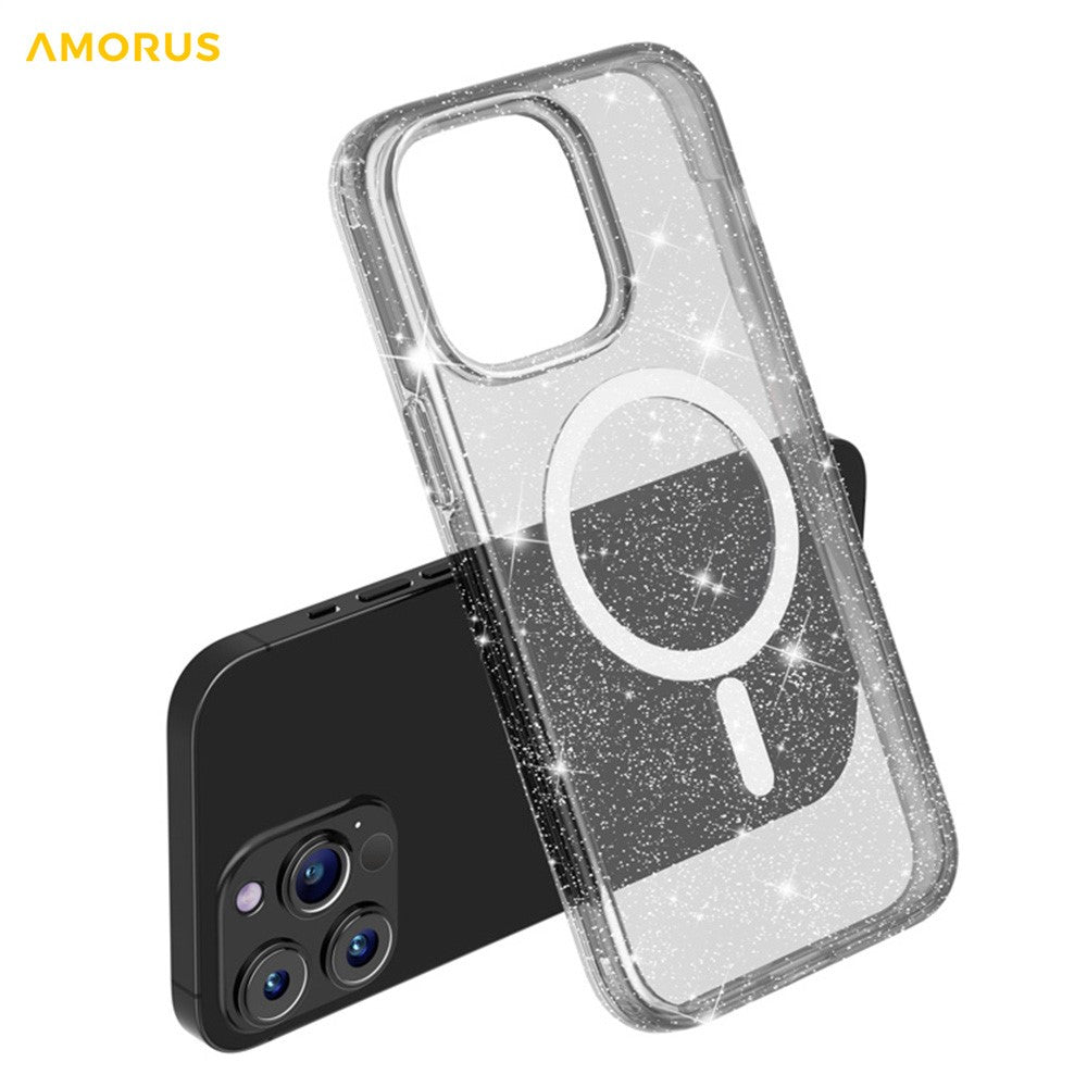 AMORUS For iPhone 13 Pro Magnetic Case Compatible with MagSafe Glitter Powder PC + TPU Phone Cover
