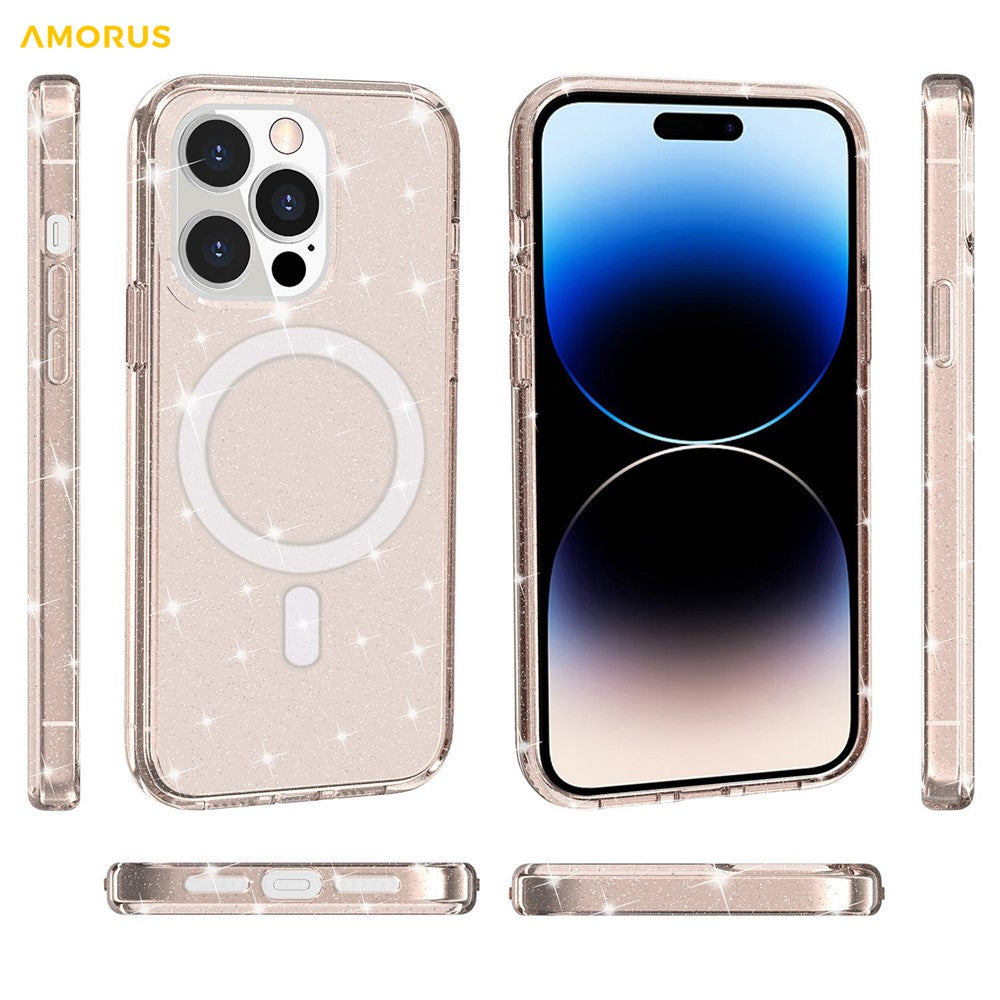 AMORUS For iPhone 14 Pro Magnetic Case Compatible with MagSafe Glitter Powder PC + TPU Phone Cover