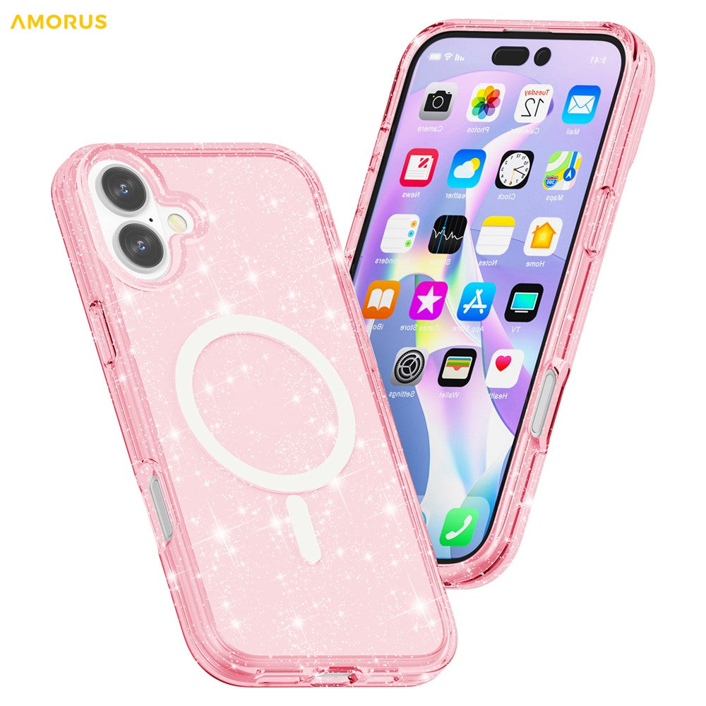 AMORUS For iPhone 16 Plus Magnetic Case Compatible with MagSafe Glitter Powder PC + TPU Phone Cover