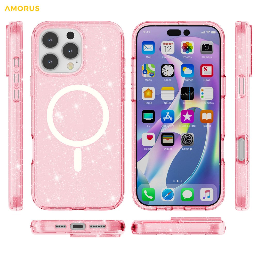 AMORUS For iPhone 16 Pro Max Magnetic Case Compatible with MagSafe Glitter Powder PC + TPU Phone Cover