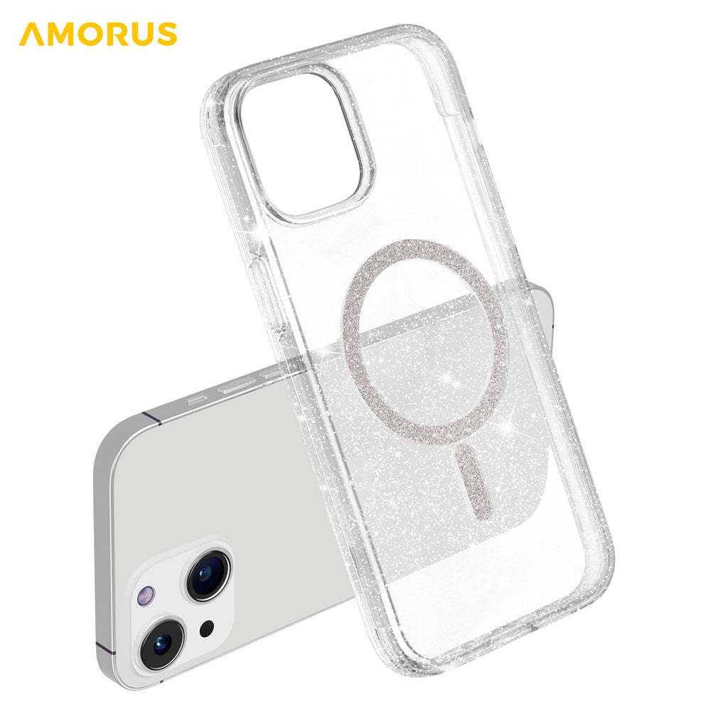 AMORUS-magnetcover til iPhone 13 / 14, kompatibelt med MagSafe, glitterpulver, PC + TPU-telefoncover