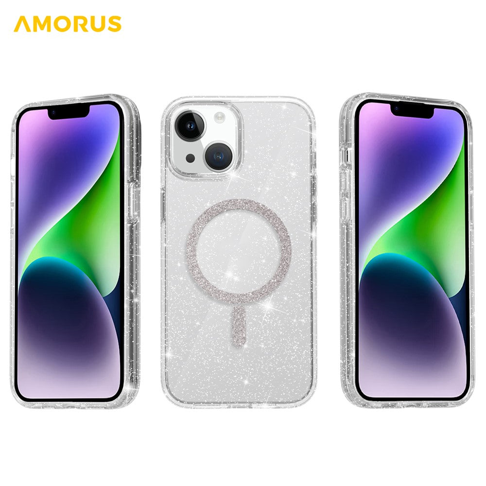 AMORUS-magnetcover til iPhone 13 / 14, kompatibelt med MagSafe, glitterpulver, PC + TPU-telefoncover