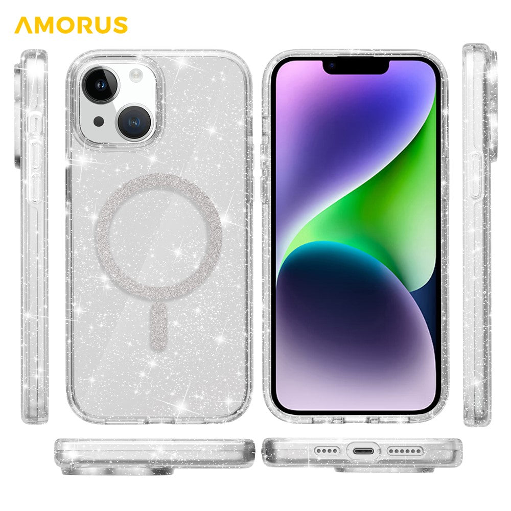 AMORUS-magnetcover til iPhone 13 / 14, kompatibelt med MagSafe, glitterpulver, PC + TPU-telefoncover