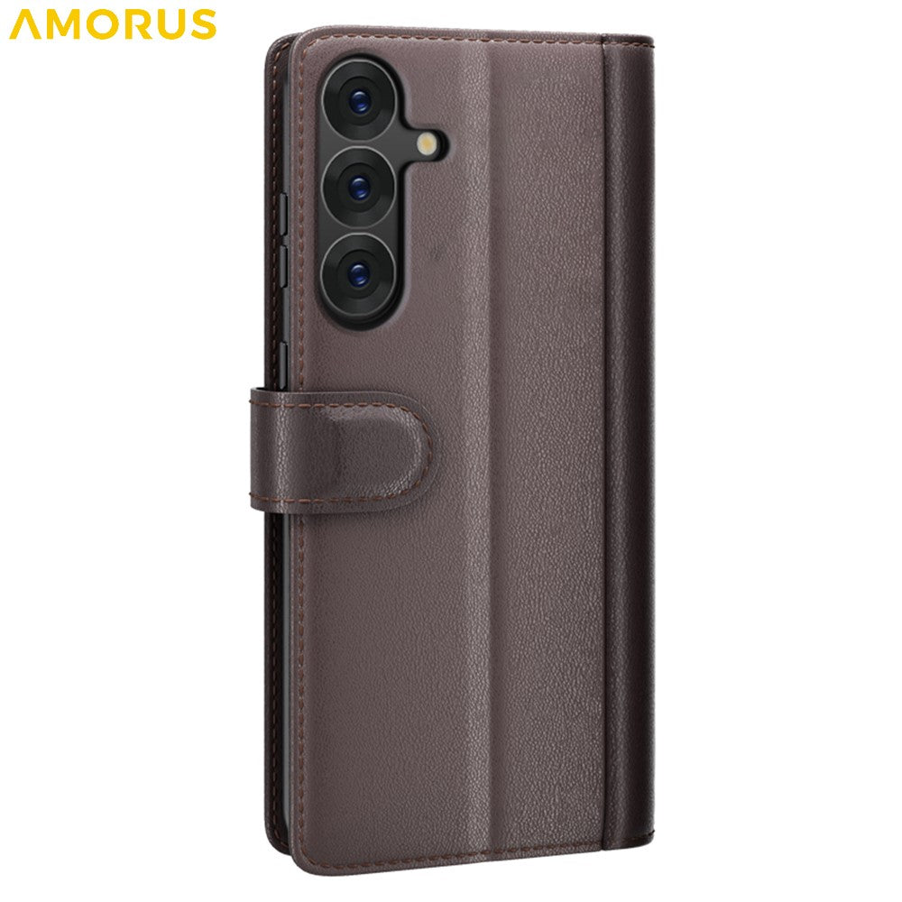 AMORUS För Samsung Galaxy S26 Stativskal Kalvstruktur Äkta Splitläder Plånboksfodral