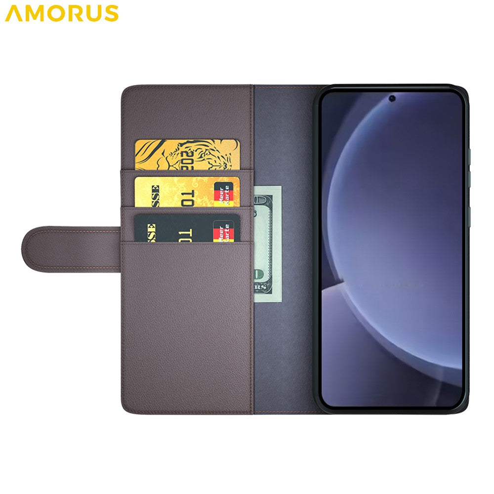 AMORUS För Samsung Galaxy S26 Stativskal Kalvstruktur Äkta Splitläder Plånboksfodral